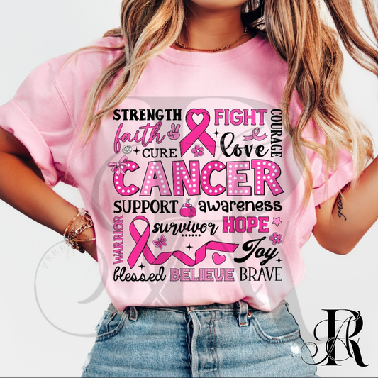 Breast Cancer Awareness Shirt – Pink Ribbon “Strength Faith Hope Courage” Graphic Tee for Women & Supporters